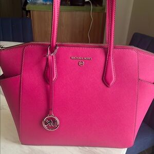 MICHAEL Michael Kors Pink Trapezoid Tote with Silver Accents